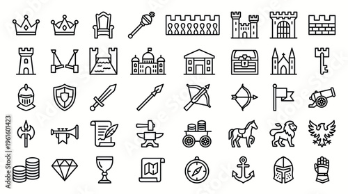 Comprehensive vector outline icon set featuring medieval fantasy elements, royal symbols, ancient weaponry, and historical objects perfect for modern digital design projects