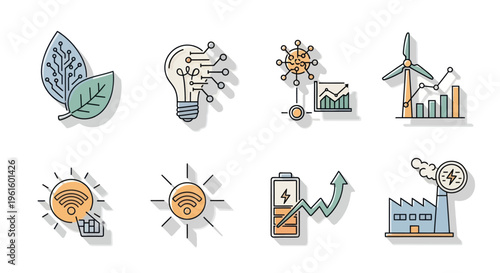 Smart Energy Icons: Green Tech, Innovation, Renewable Power, Industry & Data Analysis