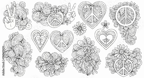 Peace Symbols Flowers Hearts and Hand Gestures Collection.
