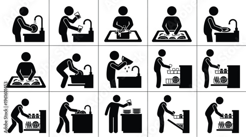 Schritt-für-Schritt-Anleitung zum Geschirrspülen, sowohl von Hand als auch mit einer Spülmaschine, dargestellt durch Piktogramme.