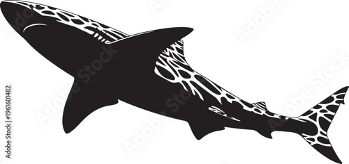 Black Shark with White Tribal Pattern Swimming Solo Freely