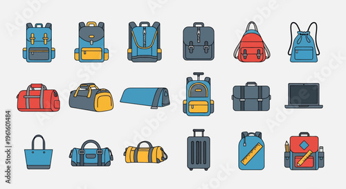 Diverse Collection of Backpacks, Luggage, and Bags - Flat Design Icons