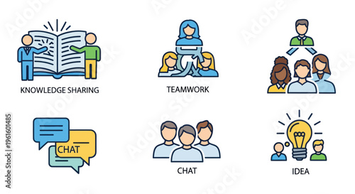 Teamwork, Collaboration, Idea Generation, Knowledge Sharing & Communication Icons Set
