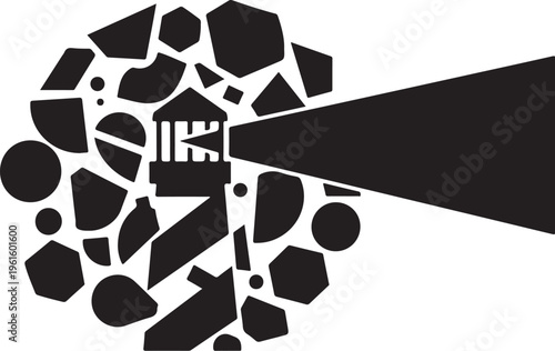 Black and white illustration of a house in chaos