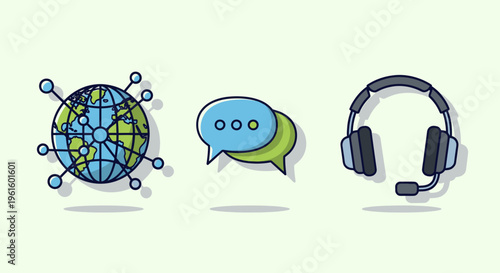 Global Communication Icons: Earth, Chat Bubbles, and Headset on Light Background