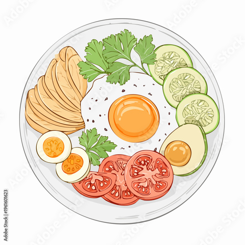 A firefly illustrates a breakfast plate with food outline sketch vector