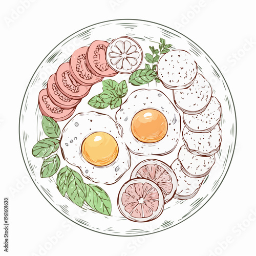 A breakfast plate with eggs, sausages, and citrus on a plate outline sketch
