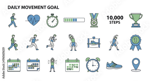 Daily Movement Goal Icons: Running, Fitness, Health, Steps, Calendar, Alarm, Trophy