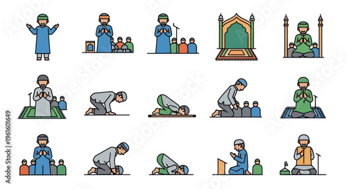 Muslim Prayer Icons Set: Salat Poses, Mosque and Worshipers