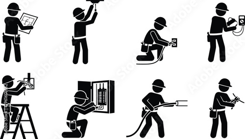 Eletricistas em diversas tarefas de instalação e manutenção elétrica, usando ferramentas e equipamentos de segurança.