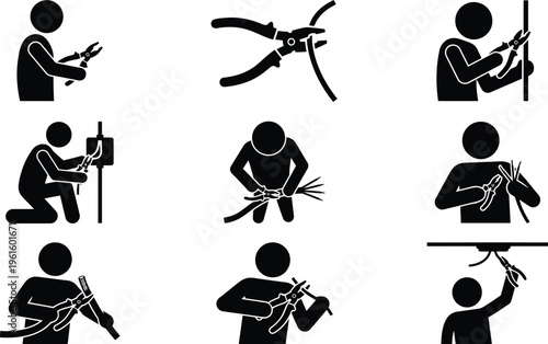 Piktogramme von Personen, die elektrische Kabel mit Zangen und Abisolierwerkzeugen bearbeiten.