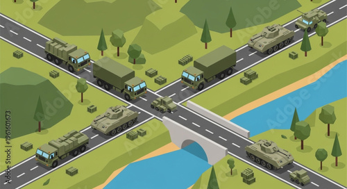 Isometric Military Convoy Crossing Bridge and Roads.
