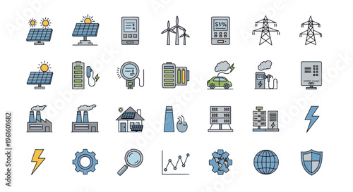 Renewable Energy Icons: Solar, Wind, Electric Car, Power Grid, Battery, Factory