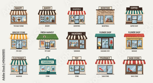 Diverse Small Business Storefronts Collection - Retail Shop Facades Illustration