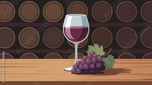 A glass of red wine and grapes on a wooden table in a cellar with barrels