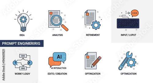 Prompt Engineering Icons: Idea, Analysis, AI, Workflow, Optimization