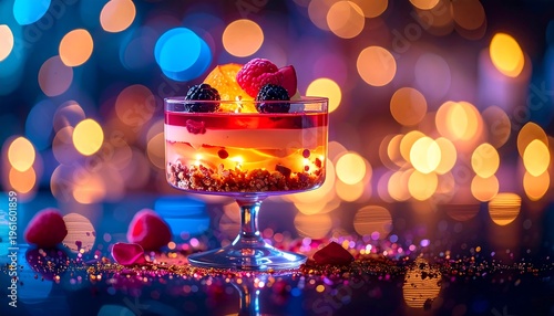 A dessert parfait with multiple layers and fresh fruit, surrounded by bokeh lights and shimmering confetti