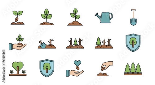 Gardening and Ecology Icons Set: Growth, Planting, Conservation, Nature