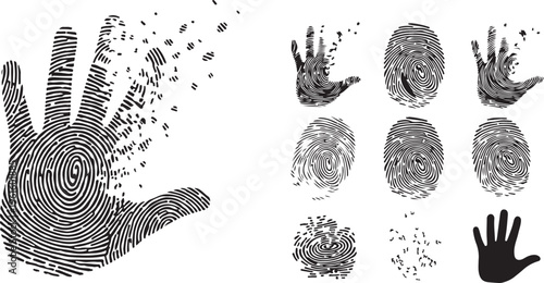 Fingerprint hands and particles in black and white illustration