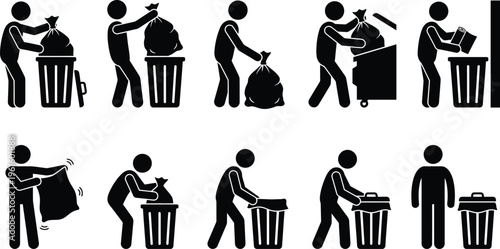Piktogramme zur Müllentsorgung: Schritte und Handlungen beim Umgang mit Abfallbehältern.