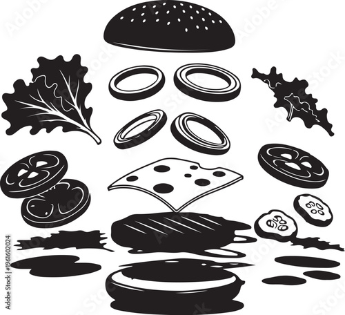 Black and white illustration of burger ingredients floating together