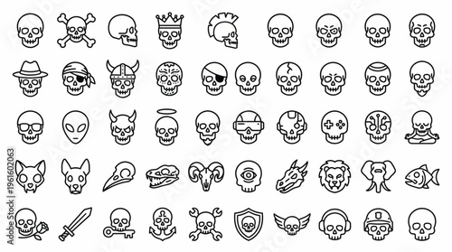 Collection of diverse skull icons, from cartoonish to realistic, featuring various styles and themes like pirates and aliens
