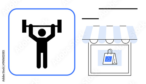 Fitness, sustainability, eco-friendly shopping, weight training, health-conscious living, green lifestyle. Visual of a person lifting weights next to a store with a recycling bag. Fitness