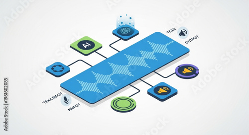 Isometric Illustration of AI-Powered Data Processing and Network Connectivity.