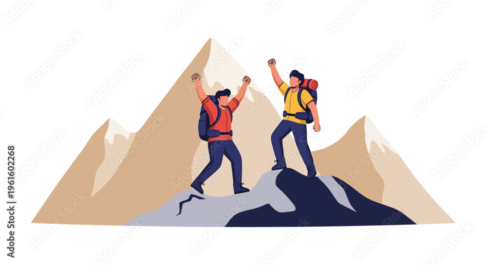 Fototapeta premium Two hikers celebrating on a mountain peak with backpacks and raised arms in triumph