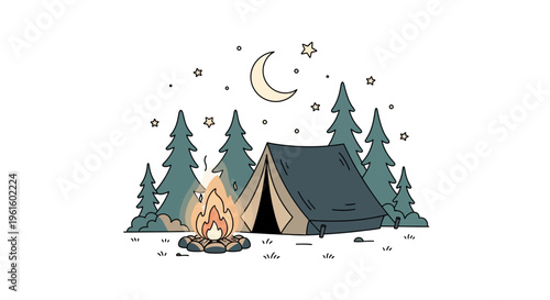 Camping scene with tent fire trees night outdoor adventure