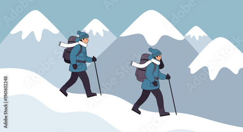Two hikers trek through snowy mountains with backpacks and poles.
