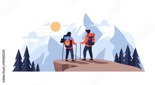 Two hikers standing on cliff edge overlooking mountain range at sunset with backpacks