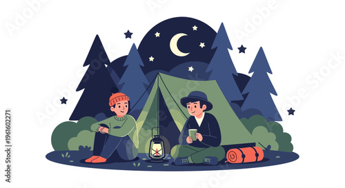 Two friends camping in a forest at night with a tent and lantern