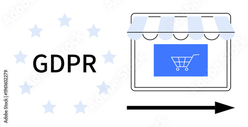 Data protection, online security, e-commerce regulation, privacy policy, digital rights, compliance. Shopping cart and GDPR text with stars. Data protection and online security concept
