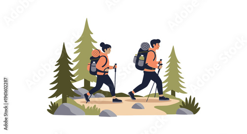 Two hikers with backpacks walking on a forest trail with trees and rocks.