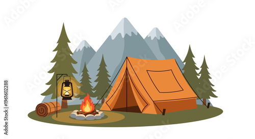 Camping scene with tent, campfire, and lantern near mountains and trees.