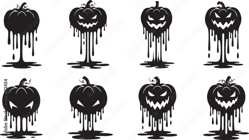Naklejka premium Halloween pumpkins with dripping black paint and spooky faces
