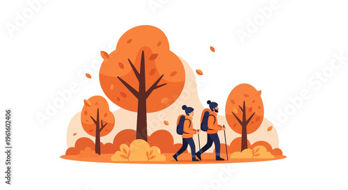 Couple hiking together through vibrant autumn landscape with orange trees and foliage