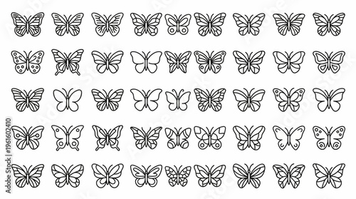 Detailed Collection of Forty Unique Butterfly Outline Icons and Silhouettes for Nature-Inspired Design Elements and Decorative Motifs, Perfect for Creative Projects