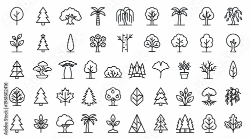 Diverse Collection of Outline Tree Icons for Nature, Environment, and Ecology Graphics – A Comprehensive Vector Pack Featuring Various Plant Types and Forest Elements