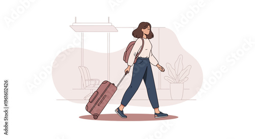 Woman walks with suitcase and backpack in airport terminal with plant