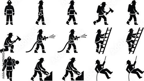 Silhuetas de bombeiros em diversas ações e poses, incluindo resgate, combate a incêndios e escalada.