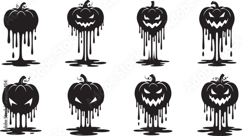 Halloween pumpkins with dripping black paint and spooky faces