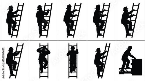 Silhuetas de pessoas subindo escadas e degraus em várias posições, representando esforço e progresso.