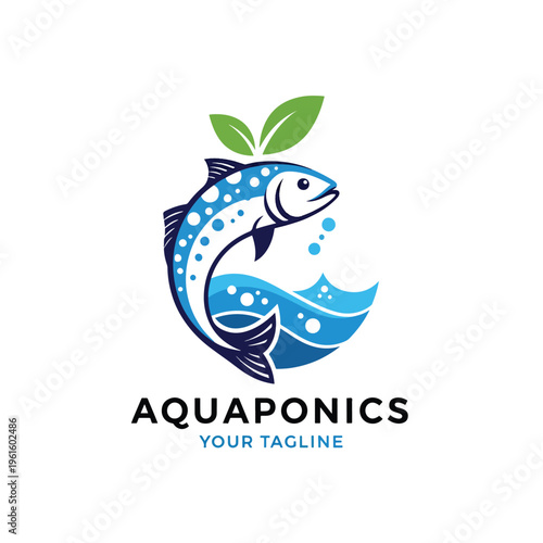 Aquaponics system logo with fish jumping from water and green plant leaves illustration