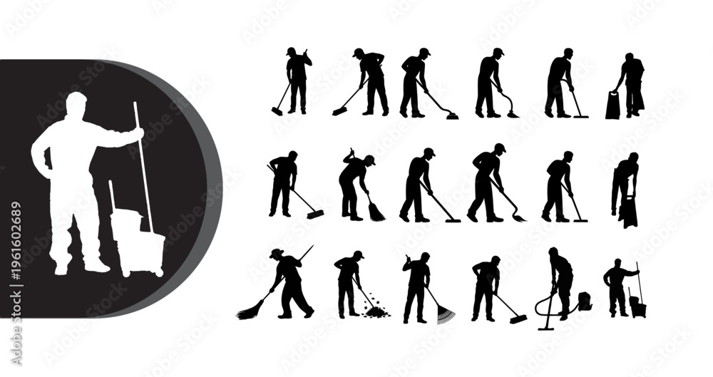 Fototapeta premium A collection of silhouetted janitor illustrations in various cleaning poses and actions on a white background