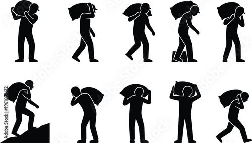 Silhuetas de pessoas carregando sacos pesados em diferentes posições, representando trabalho manual e esforço físico.