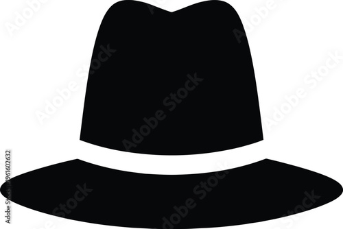Black fedora hat with white band on plain background
