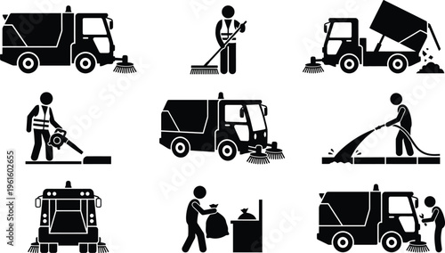 Ilustrações de veículos e trabalhadores de limpeza urbana e coleta de lixo.