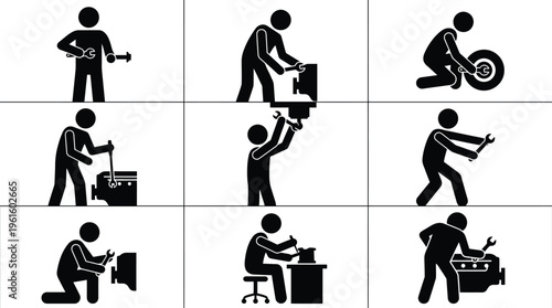 Figuras de palito ilustram diversas tarefas de manutenção e reparo mecânico com ferramentas.